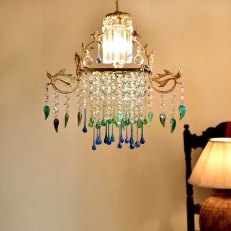 Blue & Green Modern Chandelier Made of Brass and Glass
